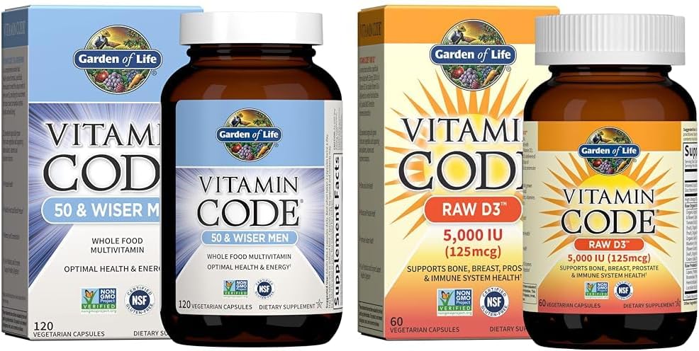 生命の庭人の50及びワイザーの未加工全食糧Multivitamin、ビタミンD3 5,000 IU及びビタミン コードの未加工ビタミンの束