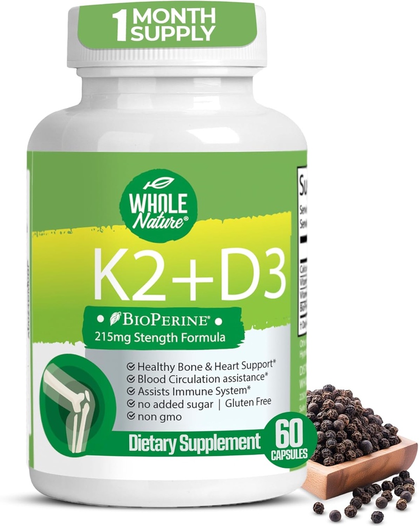 バイオパインとK2 D3ビタミンサプリメント - ビタミンKとDのビーガンカルシウム - 高度なD3K2 VIT 5000 IU - 60ビーガンD3プラスK2 MK-7ハート&骨の健康のための複雑な栄養カプセル(1