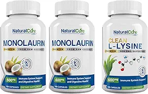 自然なキュア・ラボの束: Monolaurin 600mg 2のパック+きれいなLysine