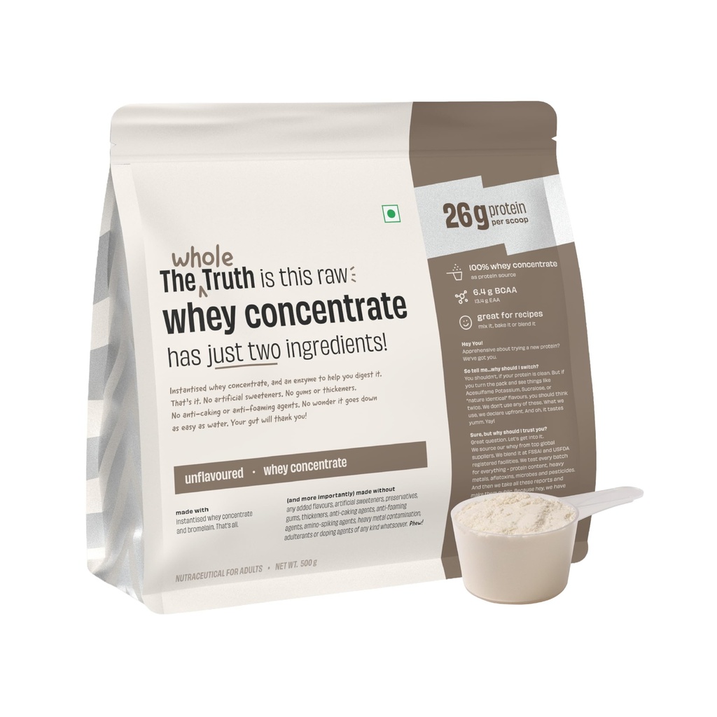 The Whole Truth Whey Protein Concentrate | Unflavoured | 500g (1.1 lbs) | 26g Protein | 6.4g BCAA | Clean & Easy to Digest