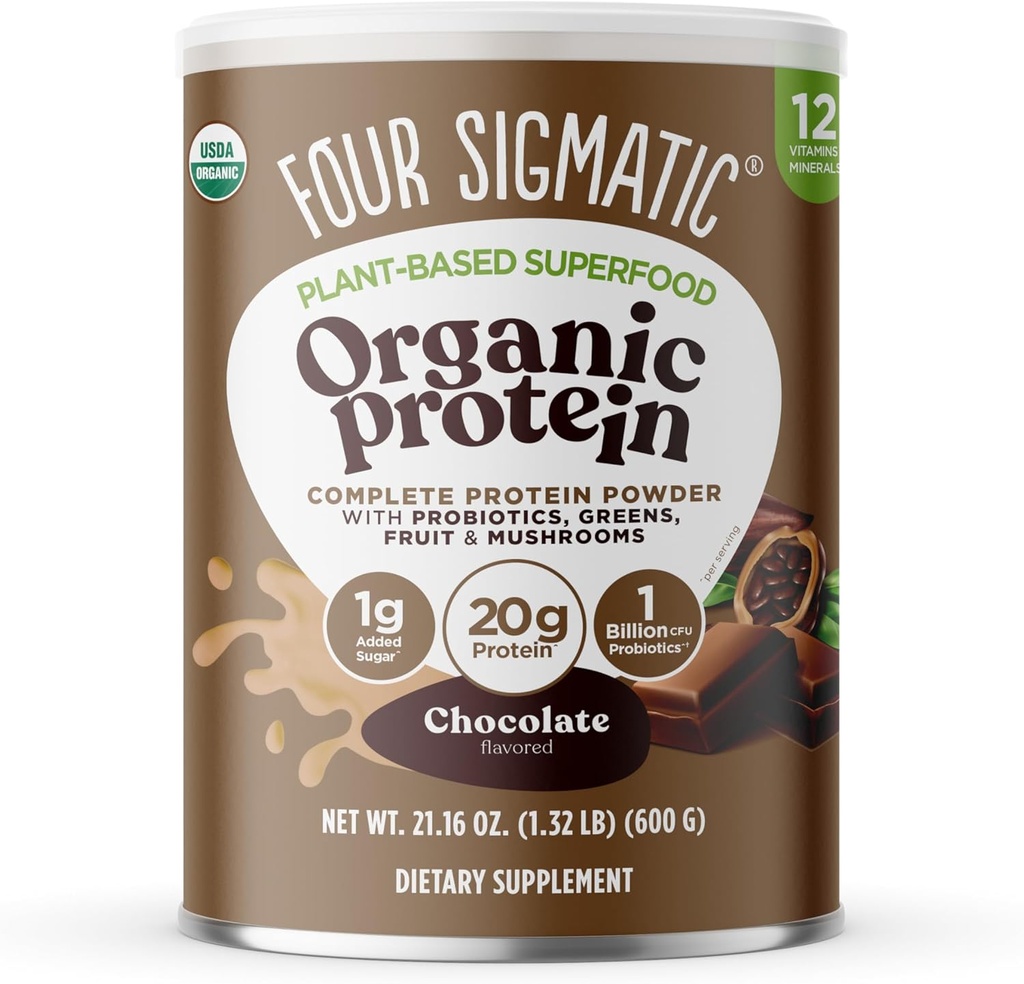 Four Sigmatic Organic Plant-Based Protein Powder Creamy Cacao Protein with Lion’s Mane, Chaga, Cordyceps and More | Clean Vegan Protein Elevated for Brain Function and Immune Support | 21.16 oz