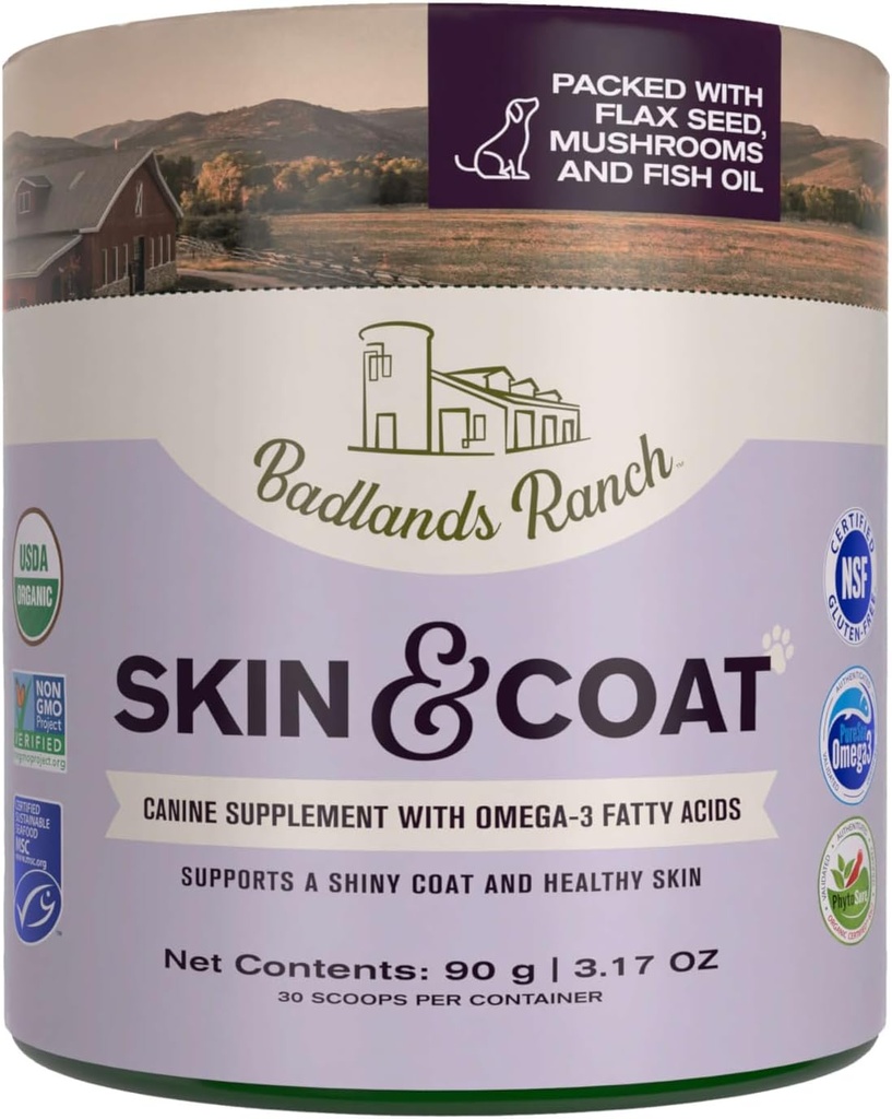 Badlands Ranch - Skin & Coat Canine Supplement w/Omega-3 Fatty Acids, Org. Ingredients, Antioxidant Topper, Nourish Coat &Paws, Joint, Support Shiny Coat & Healthy Skin by Katherine Heigl (30 Scoops)