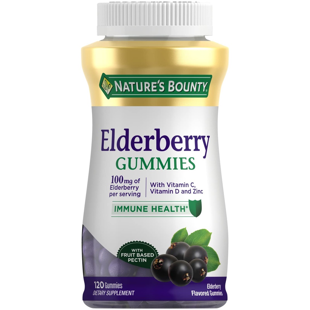 Nature's Bounty Elderberry Gummies、栄養補助食品、免疫健康をサポートし、ビタミンA、C、D、E、亜鉛、100mg、120ガミーが含まれています
