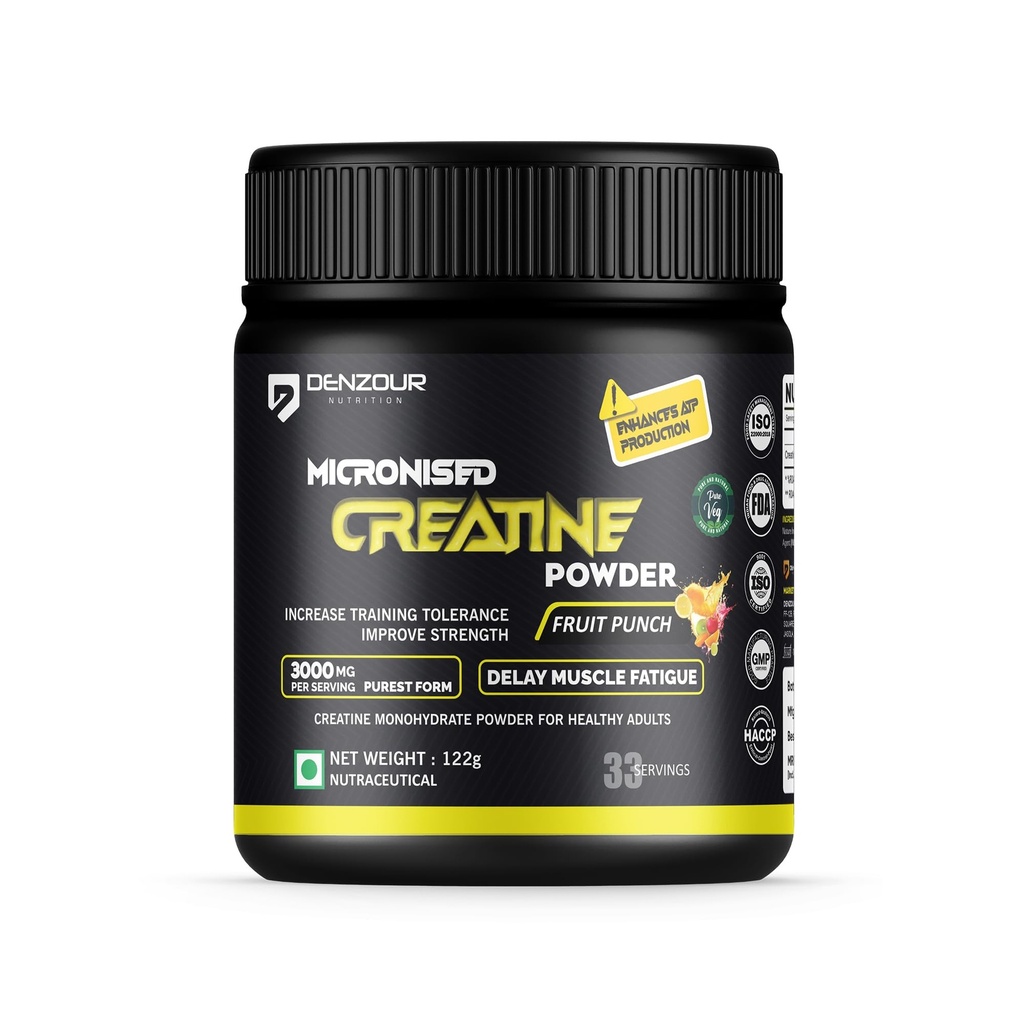 DENZOUR NUTRITION Pure Micronised Creatine Monohydrate Powder | Lab Tested | Fast Absorption | Enhance Strength, Fast Recovery & Increased Muscle | 3g Per Serve (122g, Fruit Punch)