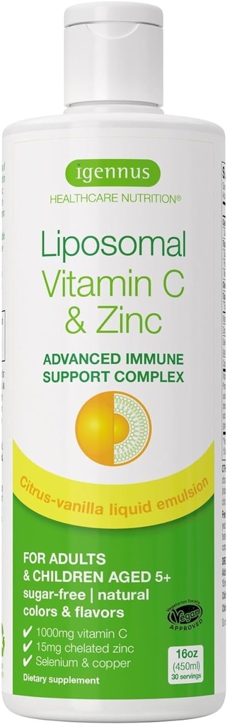 高い吸収のLiposomalのビタミンC 1000mg及び亜鉛Bisglycinate、30-90のサービング、大人のための液体の免除サポート5+、非GMOの砂糖なし、Citrus及びバニラの味、Igennusによる