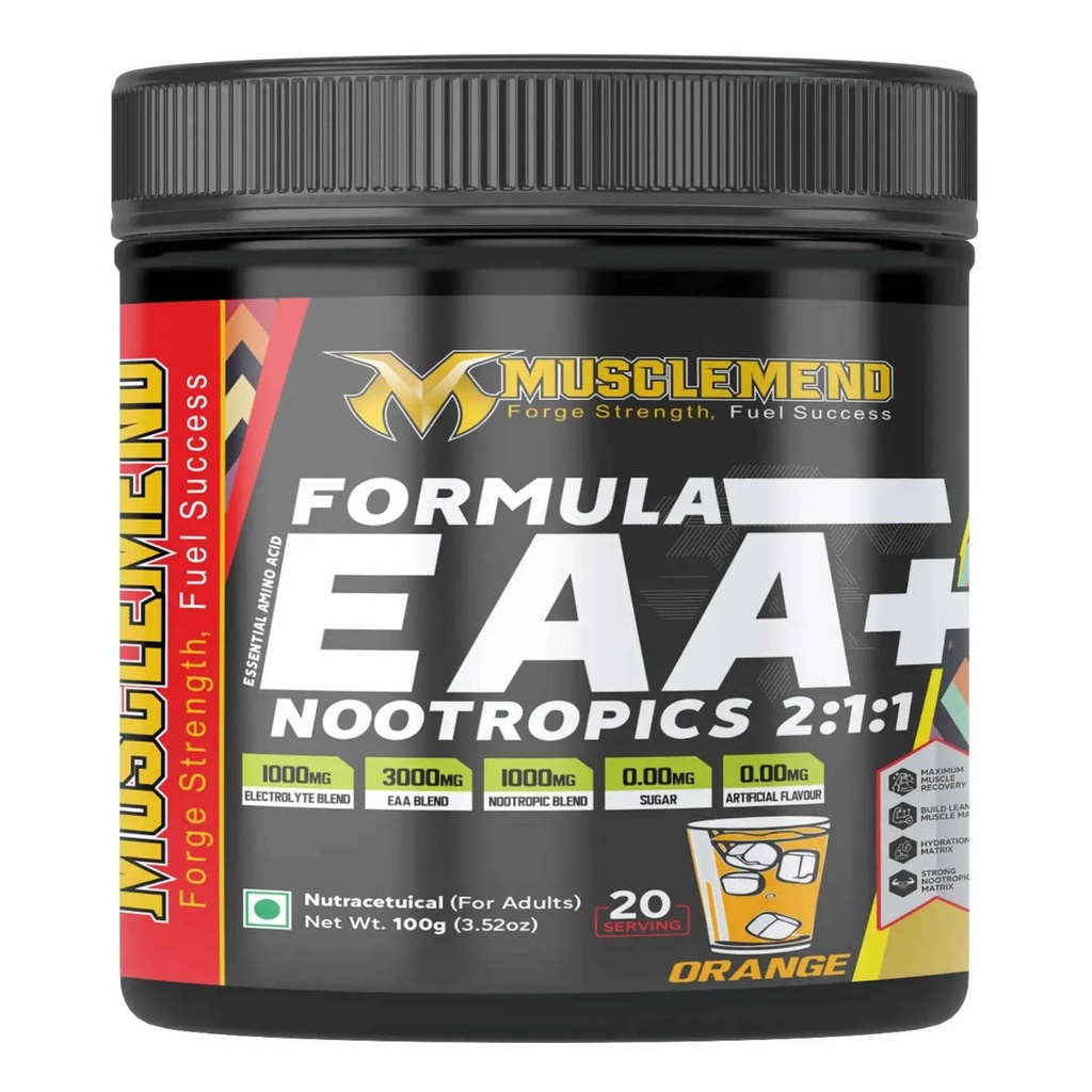 FORMULA EAA+NOOTROPICS 2:1:1 With | EAAs + BCAAs Powder | Muscle Recovery, Strength, Muscle Building, Endurance | 5G Essential Amino Acids + Electrolytes | 20 Servings (100gm, Orange)