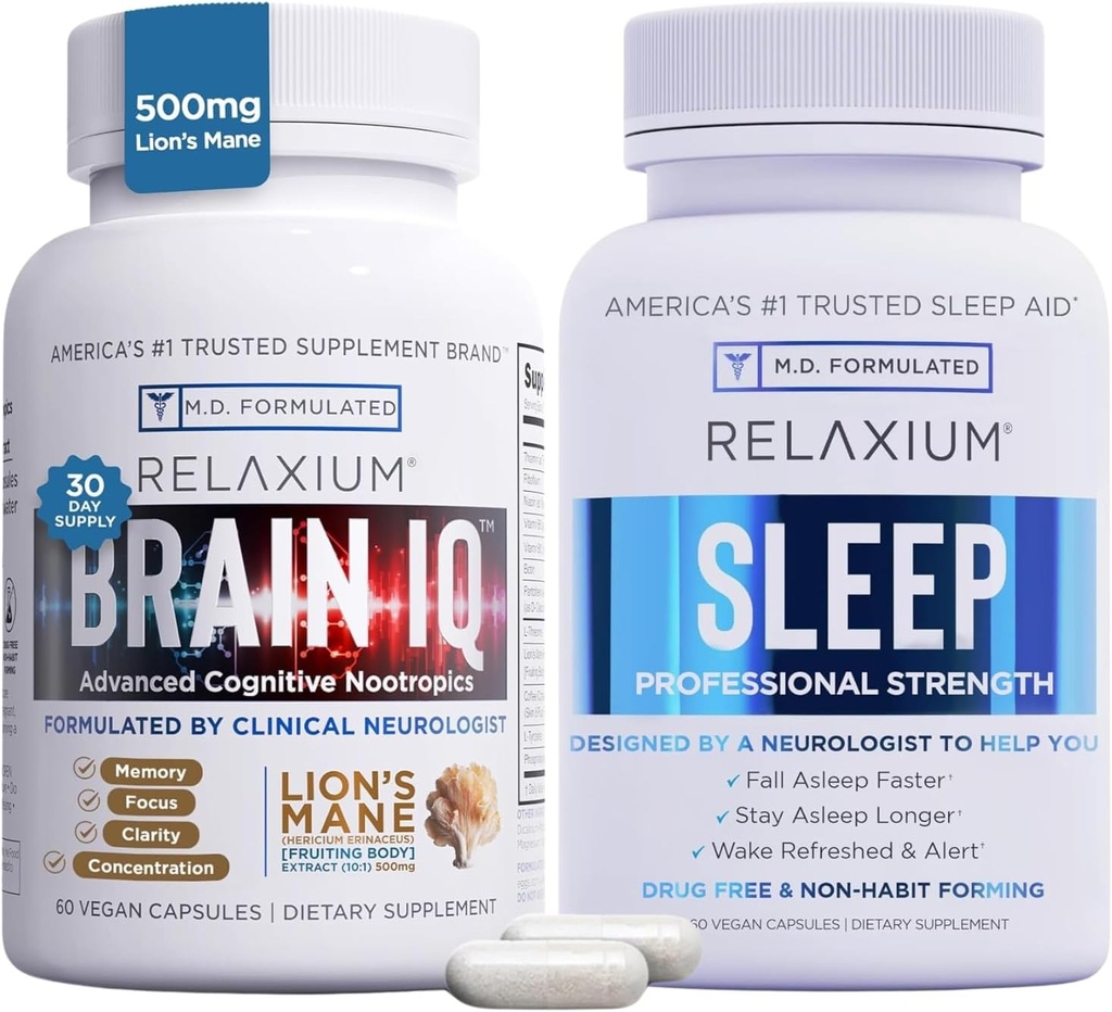 Relaxium Sleep Aid 60カプセル+BrainIQ向知性脳サプリメント60カプセル(ファミリーパックスリープ&ブレインバンドル)