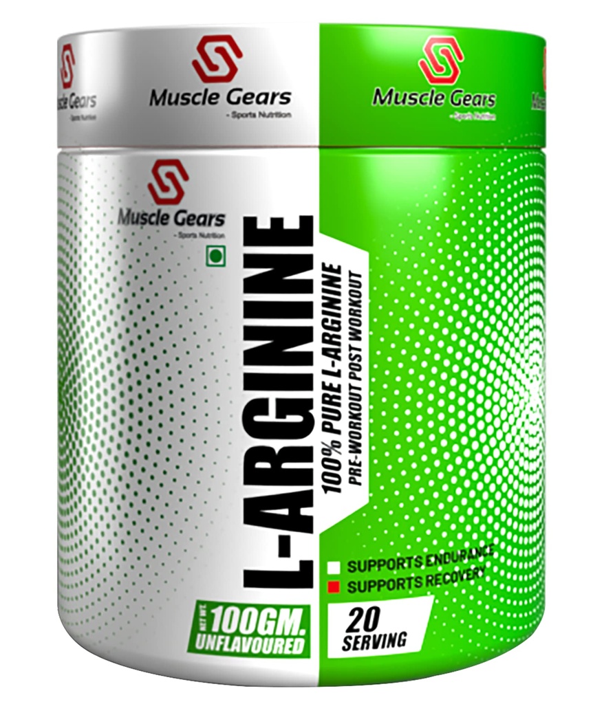 Muscle Gears L-Arginine Powder 5000mg | Nitric Oxide Booster | Muscle Pump, Blood Flow & Endurance | Pre Workout Performance | Fast Recovery | Unflavoured | 20 Servings | 100g