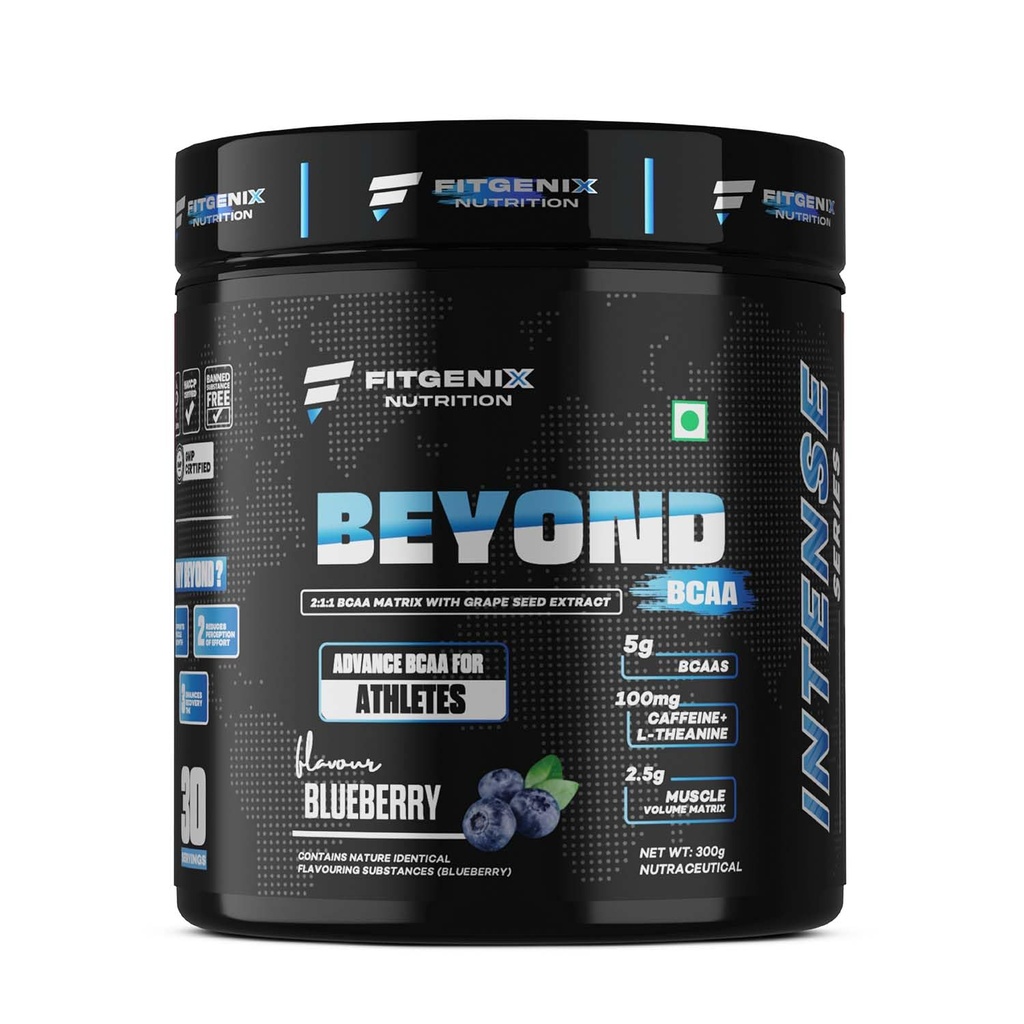 Beyond BCAA | Advance BCAA For Athletes | 300 gm | 30 Servings | 2500mg L-Leucine | 1250mg L-Isoleucine 1250mg L-Valine | 5000mg BCAAs 100mg Caffeine Build Lean Muscle (Blueberry)