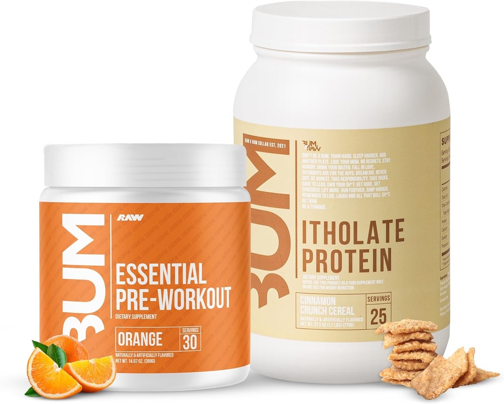 RAW Whey Isolate Protein Powder & Essential Pre-Workout Powder Bundle (Cinnamon Crunch & Orange) - クリス・バムステッド・スポーツ・栄養補助食品
