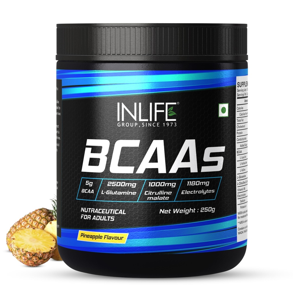 INLIFE BCAA Powder Supplement with Glutamine, Citrulline DL Malate, Vitamin B6 & Electrolytes | Amino Acids for Pre Post Intra Workout Drinks | Men & Women (Pineapple, 250g)