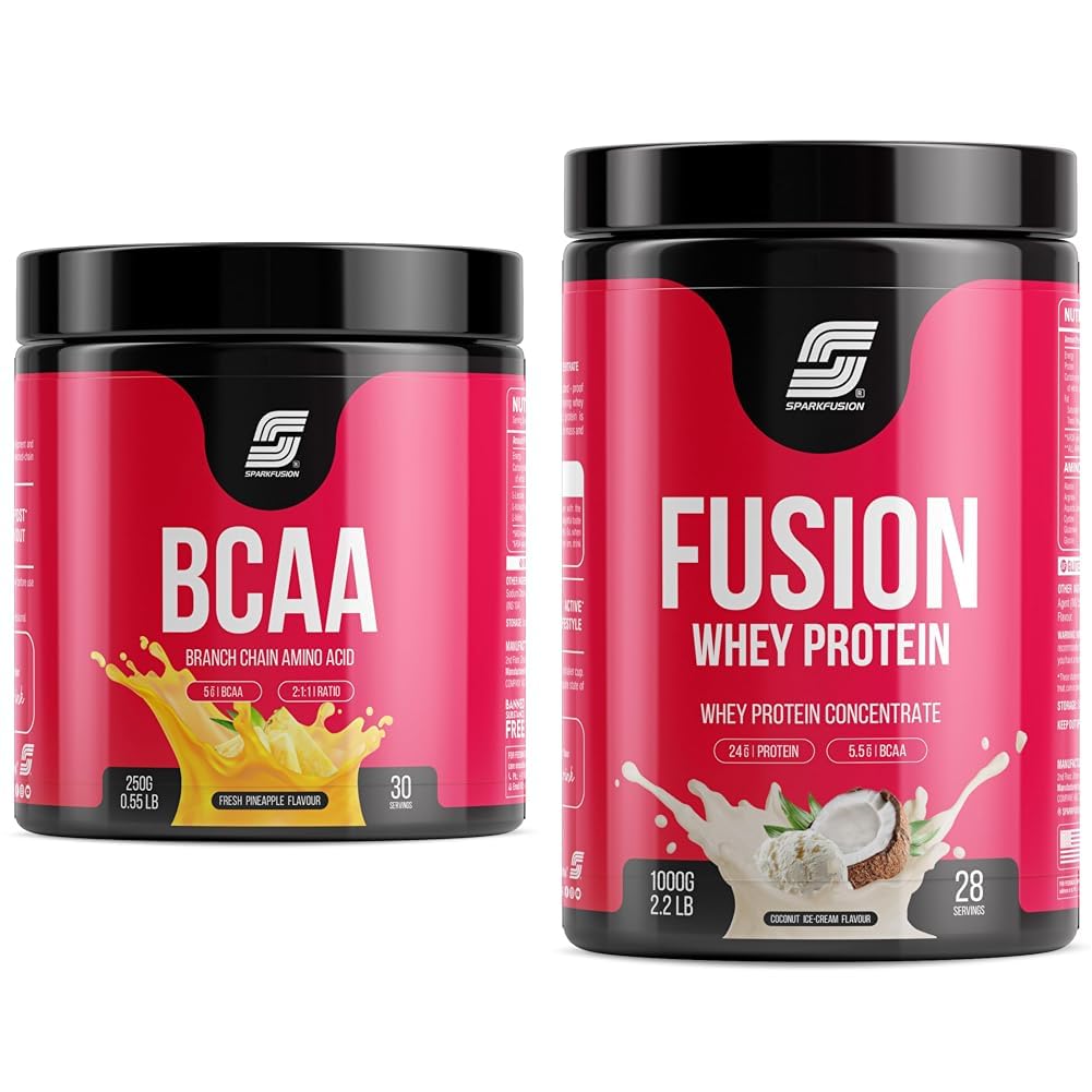 Sparkfusion BCAA Pure-Amino -250 gm (30 Servings) With Complete Ratio of 2:1:1 for Recovery & Perf | Sparkfusion Fusion Whey Protein Concentrate Powder | 24g Protein,5.5g BCAA per Serving | For Muscl