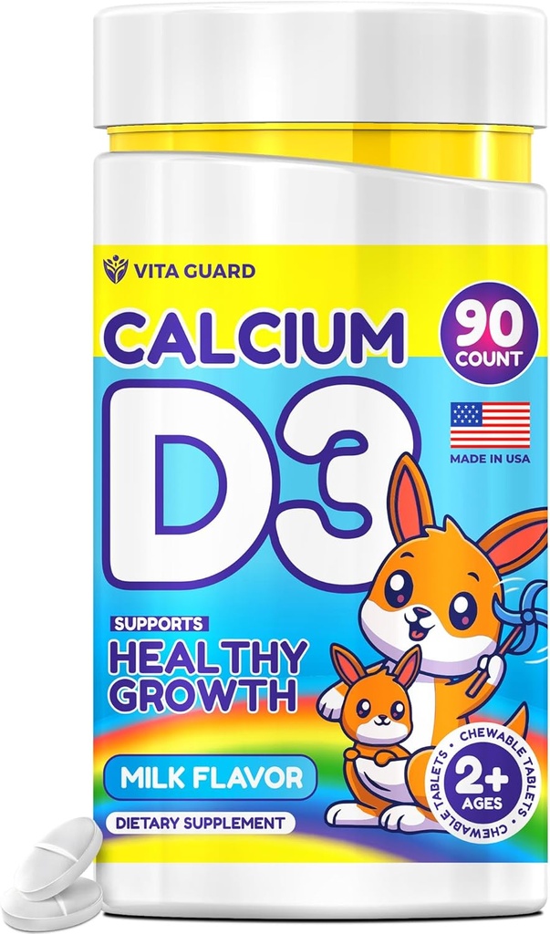 子供のためのカルシウムD3ケガブル錠 - 640 mgカルシウム&320 IUビタミンD3 - 非GMO、ミルクフレーバー - 骨と歯のサポートサプリメント - 年齢のための90錠2 +