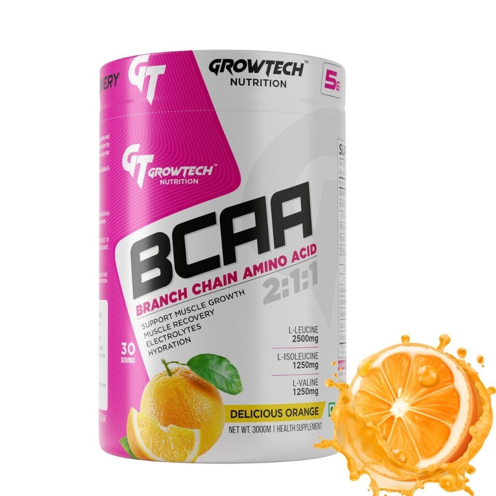 Growtech Nutrition BCAA 300g 2:1:1, 30 Servings with L-Citruiline, L-Arginine, L-Glutamine for Muscle Recovery & Hydration (Delicious Orange)