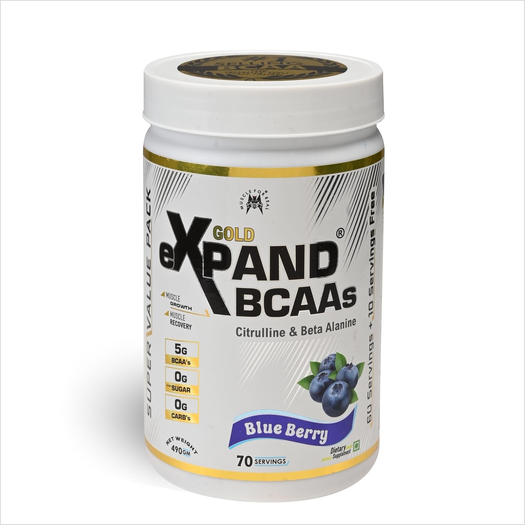MFR eXpand Gold BCAAs Blueberry Flavour, 5g BCAAs with Citrulline & Beta Alanine, Sugar-Free Muscle Growth Supplement, 490g, 70 Servings