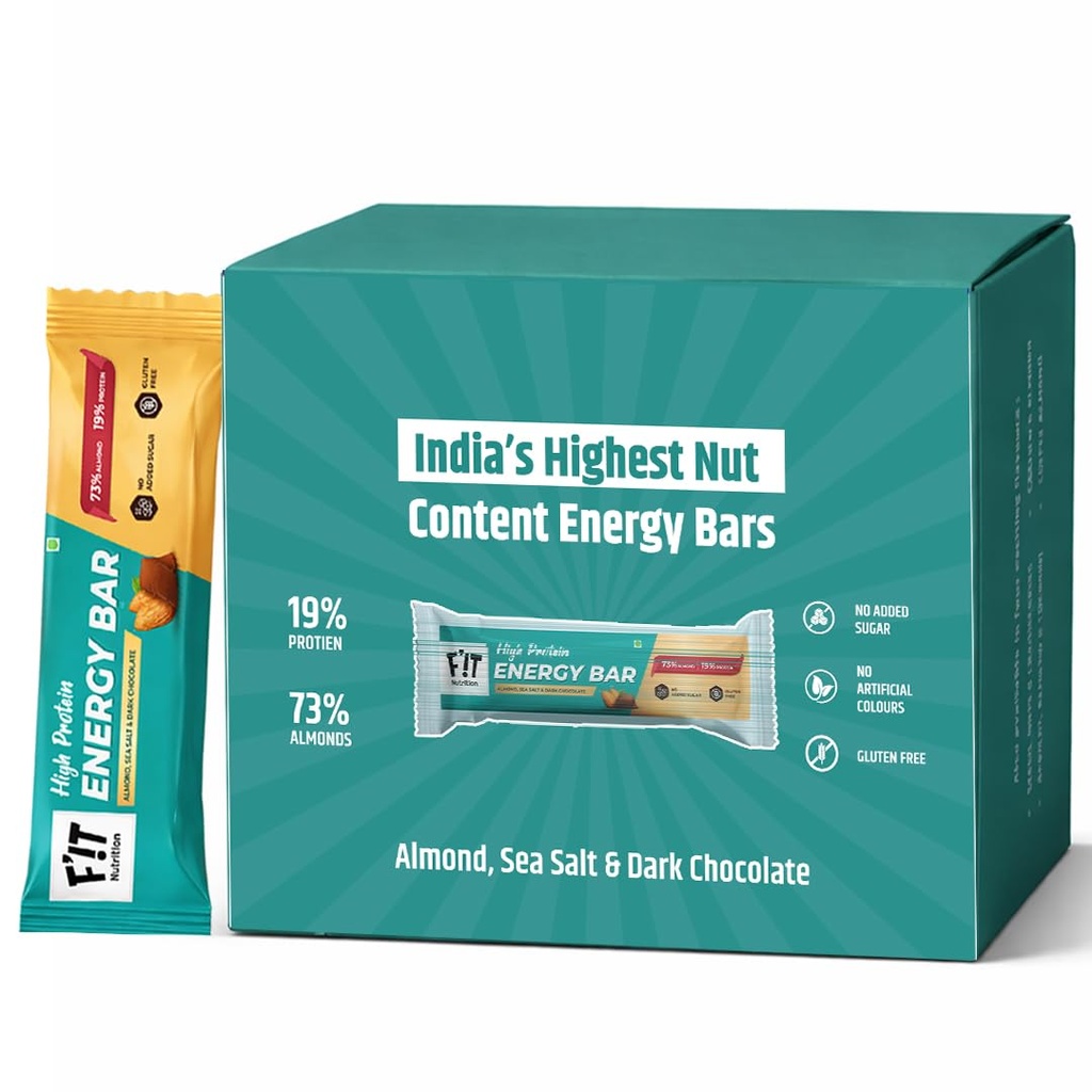 FiT Nutrition High Protein Energy Bar - Almond, Sea Salt & Dark Chocolate | 73% Almonds + Sea Salt - Tastes Like A Treat | No Added Sugar, No Artificial Flavours, Gluten Free - Healthy & Tasty Snack For Kids & Adults (4 x 35gm)