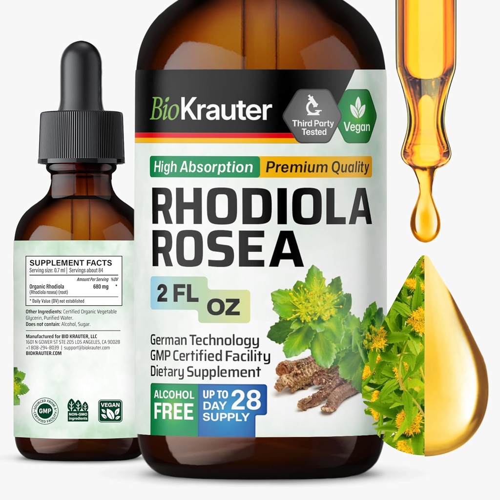 BIO KRAUTER Rhodiola rosea サプリメント 液体 - 純粋な Rhodiola rosea チンチン - ビーガン カルムネス サポート - アルコール & 砂糖 無料のエキス 2 Fl.Oz.