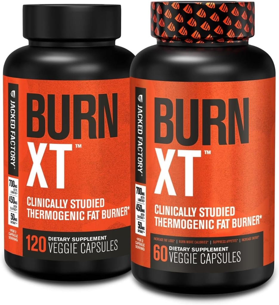 Jacked Factory Burn-XT Clinically Studied Fat Burner & Weight Loss Supplement - Appetite Suppressant & Energy Booster - with Acetyl L-Carnitine, Green Tea Extract and More - 180 Natural Diet Pills