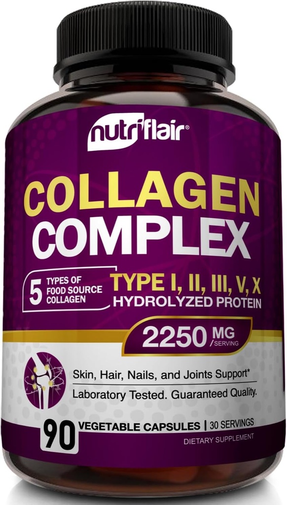 NutriFlairマルチコラーゲンペプチド2250mg、90カプセル - タイプI、II、III、V、X - コラーゲンは、女性と男性のための複雑なパウダーピルを補います - 加水分解タンパク質、健康な髪、皮膚、爪 - 非GMO