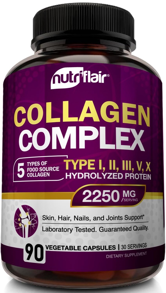 NutriFlairマルチコラーゲンペプチド2250mg、90カプセル - タイプI、II、III、V、X - コラーゲンは、女性と男性のための複雑なパウダーピルを補います - 加水分解タンパク質、健康な髪、皮膚、爪 - 非GMO
