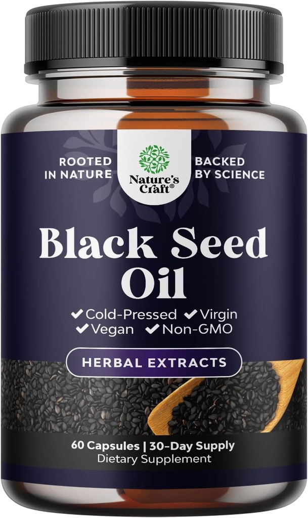 Vegan Black Seed Oil Capsules - Cold Pressed Nigella Sativa Black Cumin Seed Oil Capsules with Omega 3 6 9 Antioxidants and Thymoquinone for Hair Growth Immune Support Joint Health and Digestion