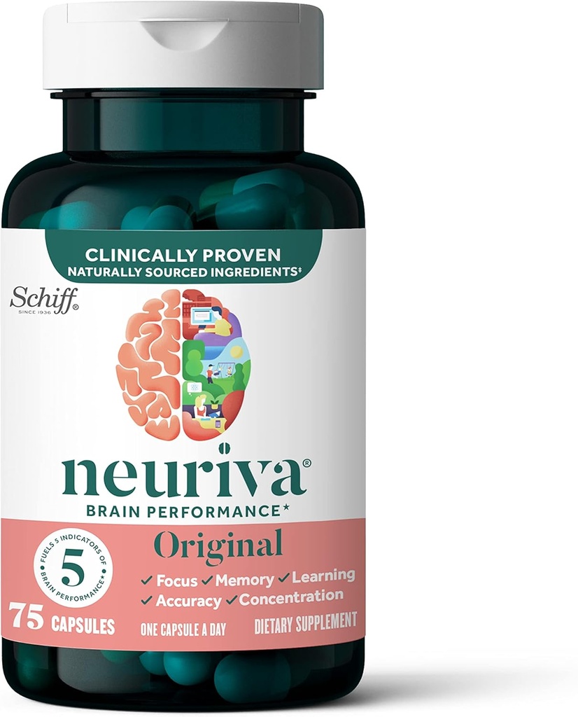 NEURIVA オリジナル ブレイン メモリ、フォーカス&集中力 + 臨床検査の Nootropics Phosphatidylserine と Neurofactor、カフェイン無料、75ct カプセル