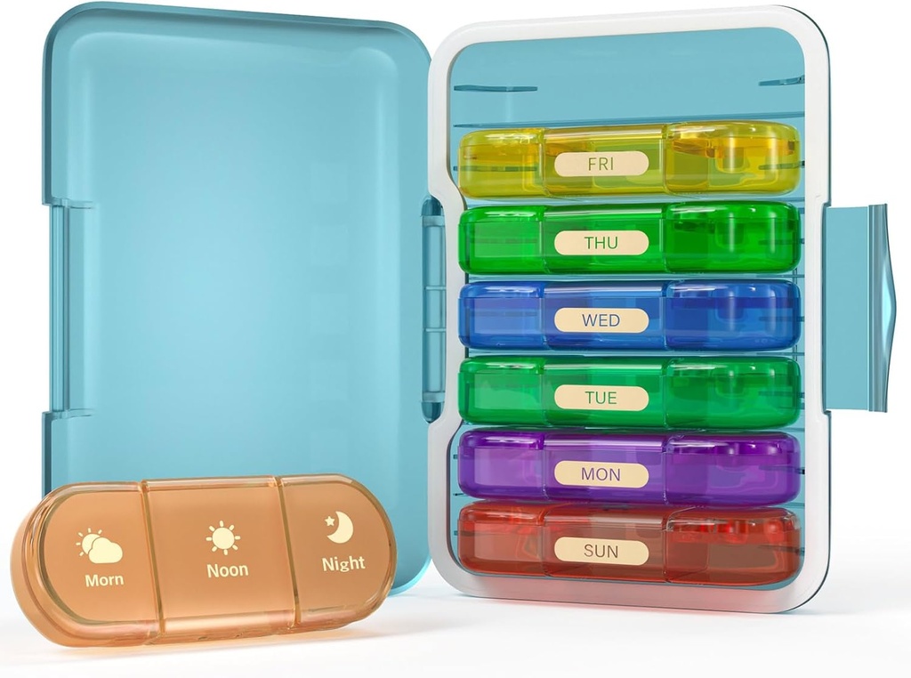週刊Pillのオルガナイザー3X日、7日のPill Box 3回、Pills/Vitamin/Fish Oil/Medication/Supplements (3x7 Blue+Rainbow)のための旅行Pill箱のためのポータブル