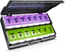 Extra Large Weekly Pill Organizer 2 Times a Day - Remtise Am/Pm Daily Pill Case Medicine Organizer, Push Button 7 Day Pill Box for Pills/Vitamin/Cod Liver Oil/Supplements (Purple & Green)