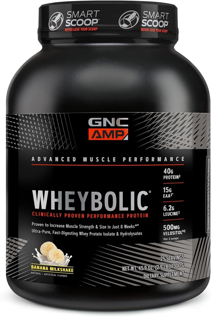 GNC AMP の Wheybolic の臨床的に証明された蛋白質の粉、40g の乳製品蛋白質、BCAA、ロイシンは筋肉強さ、筋肉建物、第 3 党テストされた、グルテンフリー、バナナ ミルクセーク、25 のサービングを高めます