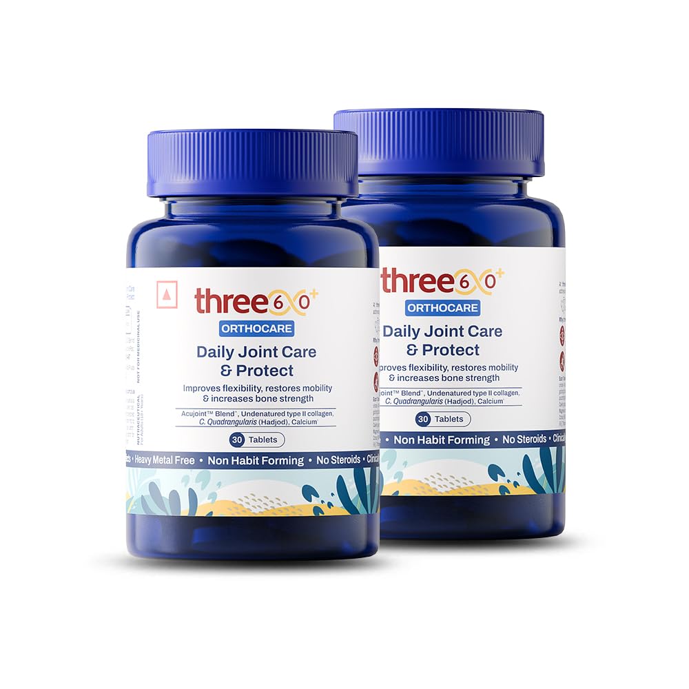 three60+ Daily Joint Care & Protect Tablets, Clinically Researched for Knee, Bone & Cartilage, Arthritis Support | with Acujoint, UC-II Collagen, Hadjod, Curcumin & Calcium+D3+K2 | Improves Mobility & Reduces Stiffness | 30 Tablets per Pack | Pack of 2