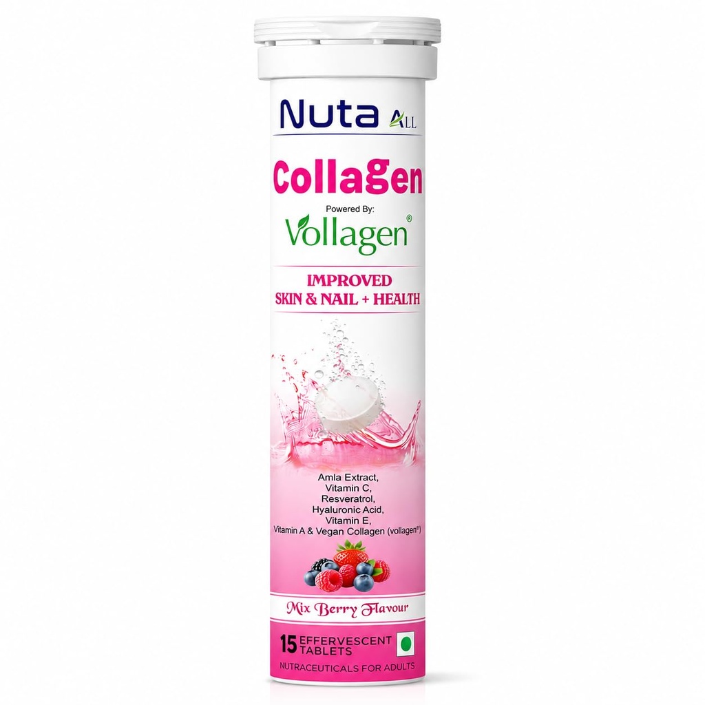 Collagen Effervescent Tablets | Vegan Collagen (Vollagen), Vitamin C & Hyaluronic Acid | Skin Glow, Hair & Nail Support | Mix Berry | 15 Tablets