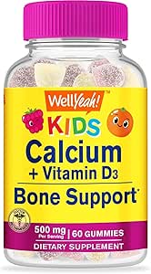 WellYeahカルシウム500mg +ビタミンD3 1000 IU(25 mcg)子供のためのガミー - 骨の健康と筋肉のサプリメント、免疫サポートガミー、非GMO、グルテンフリー、ミックスフルーツ味 - 60グミ