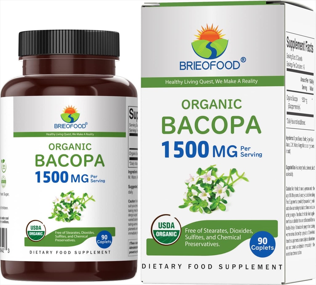 Brieofood Organic Bacopa 1500mg, 45 サービング, ベジタリアン, グルテンフリー, 90 ベジタリアンタブレット ...