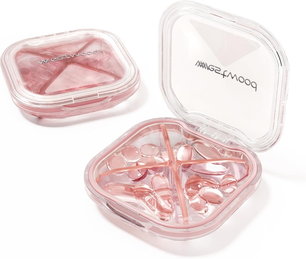 1 パックの小さいピンクの丸薬のオルガナイザー、4 コンパートメント、密集した流行のかわいい旅行キャンプの丸薬箱の毎日の薬の丸薬の箱、ビタミン、薬および補足を貯えるために携帯用および湿気防止