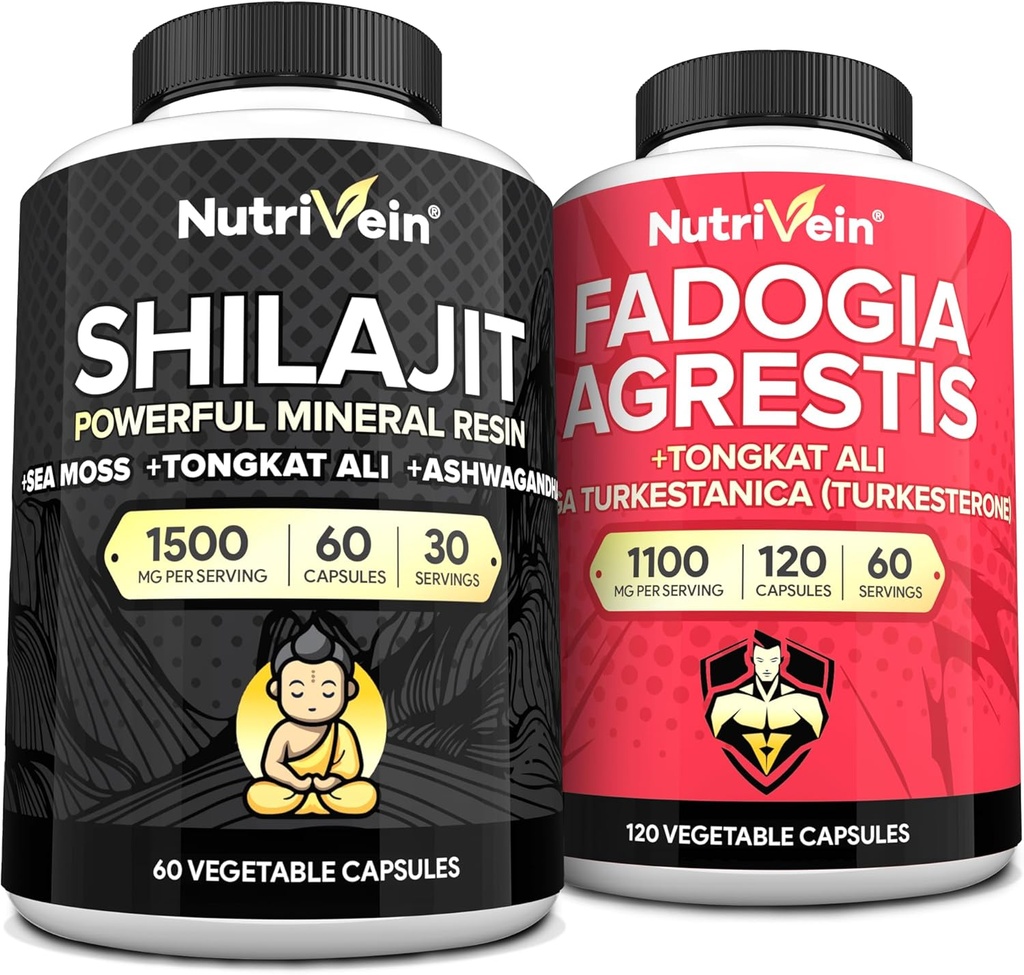 Nutrivein Premium ShilajitカプセルとFadogia Agrestisサプリメントバンドル:女性と男性のための強力なシラジット+ファドヤアグレシスとTongkat Aliのパフォーマンス、耐久性、およびバイタリティのためのサプリメント