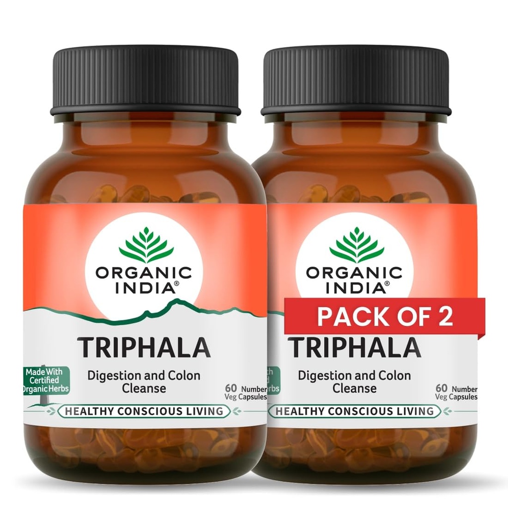 A TATA Product - Organic India Triphala Capsules - 60 Caps (Pack of 2), Supports Immune System, Colon & Digestion, Balanced Bowel & Gut Health, Contains Bioactives and Antioxidants
