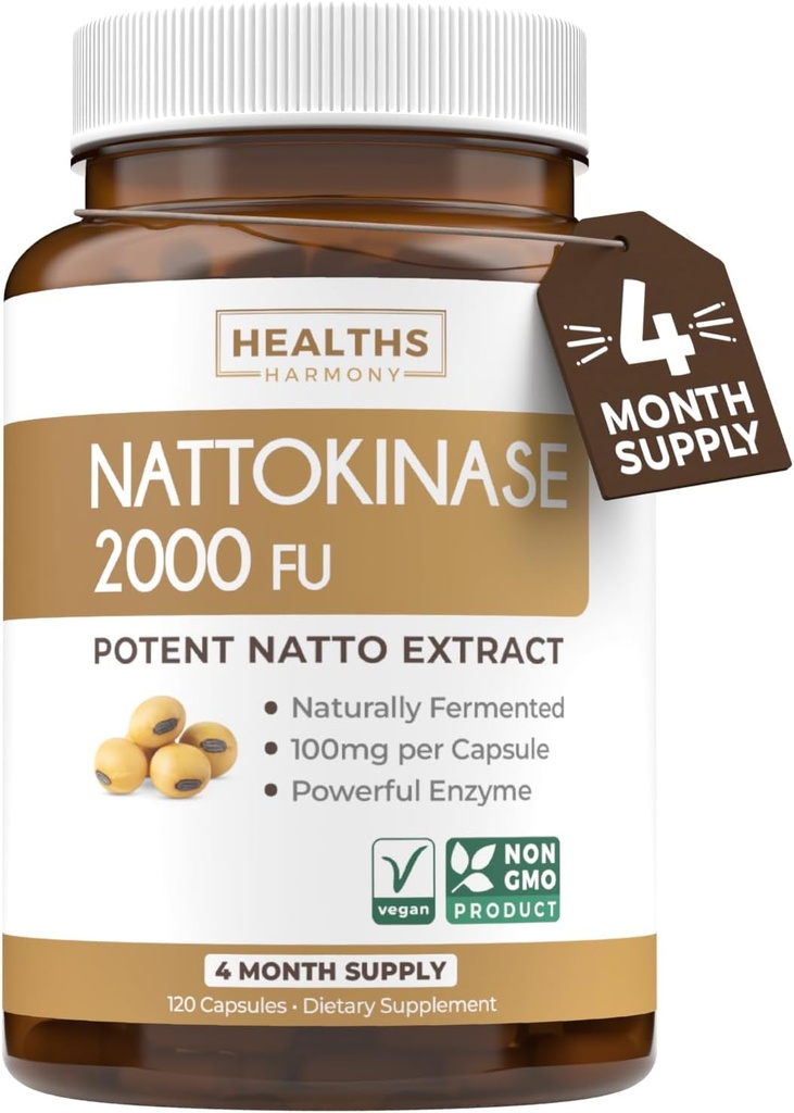 Healths Harmony Nattokinase 2000 FU (Non-GMO) Powerful Nattokinase Supplement Made from Naturally Fermented Soybeans - (4 Month Supply) 120 Vegan Natto Capsules