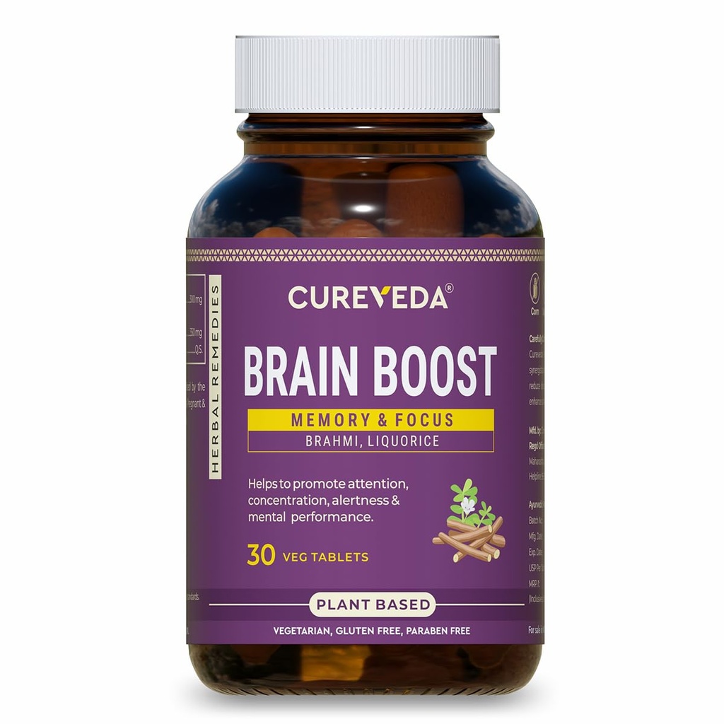 Cureveda Herbal Brain Boost Tablet for Brain & Memory Wellness | Extracted with Brahmi and Liquorice | Improves Learning, Memory Retention | Vegetarian | Gluten & Paraben Free (30 Tablets)