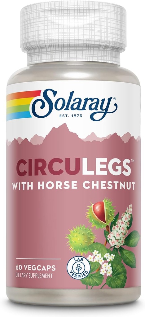 SOLARAY CircuLegs with Horse Chestnut Extract, Gotu Kola, Butcher's Broom, and More, Circulation and Vein Support for Healthy Legs, 60-Day Guarantee, Lab Verified (30 Serv, 60 VegCaps)