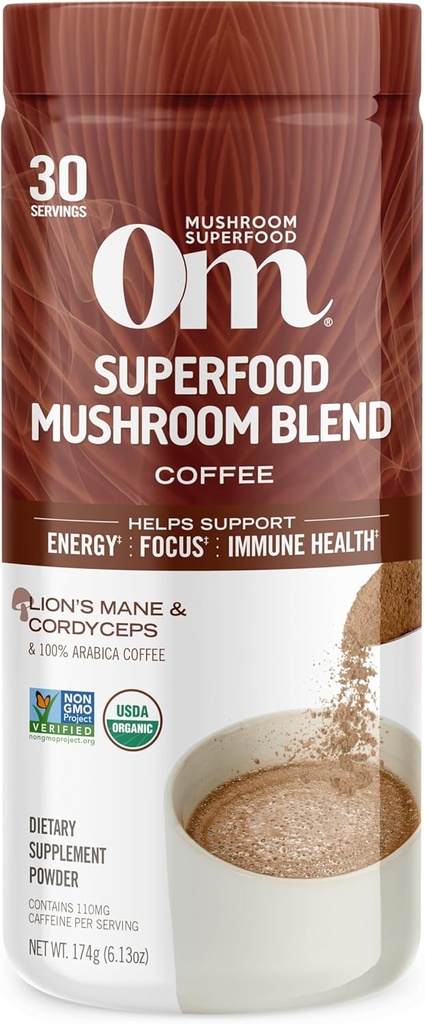 OM MUSHROOM SUPERFOOD コーヒー ブレンド – ライオンズ・マネ、コルディセプ、レシ、トルコテール&イチョウとオーガニックアラビカ – エネルギー、フォーカス、明快さをサポートします – 6.24 oz キャニスター (30 サービング)