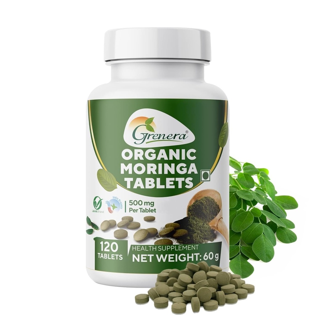 Grenera Organic Moringa Tablets 120 nos, Drumstick Leaf Powder Tablets, Super-Food Shigru, Vegan, Gluten Free, Non GMO