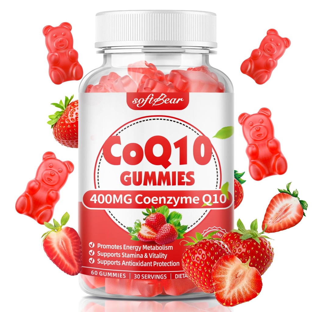 大人のためのsoftbear CoQ10のグミー400mgの補酵素Q10の補足、Omega-3、マグネシウム、細胞エネルギー及び酸化防止のためのビタミンB3及び亜鉛、いちごの味60の計算