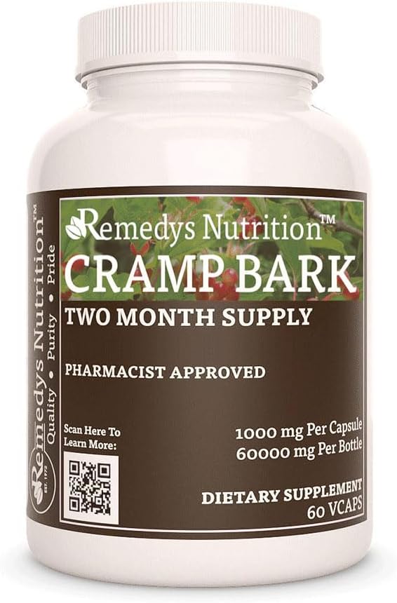 Remedy's Nutrition Cramp Bark|1,000mg、60ビーガンカプセルハーブ栄養補助食品  2ヶ月の供給