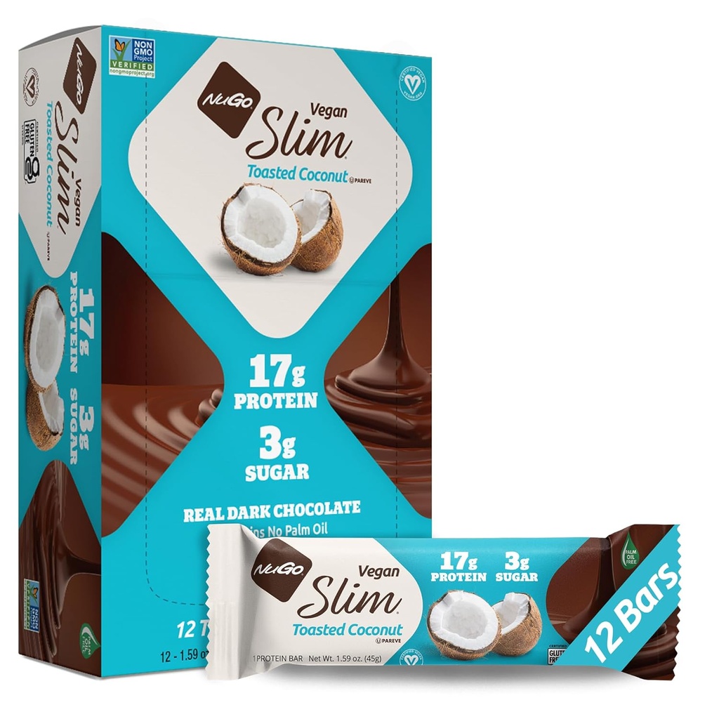NuGo Slim Dark Chocolate Toasted Coconut, 16g Vegan Protein, 3g Sugar, 7g Fiber, Low Net Carb, Keto Friendly, Gluten Free, 12 C