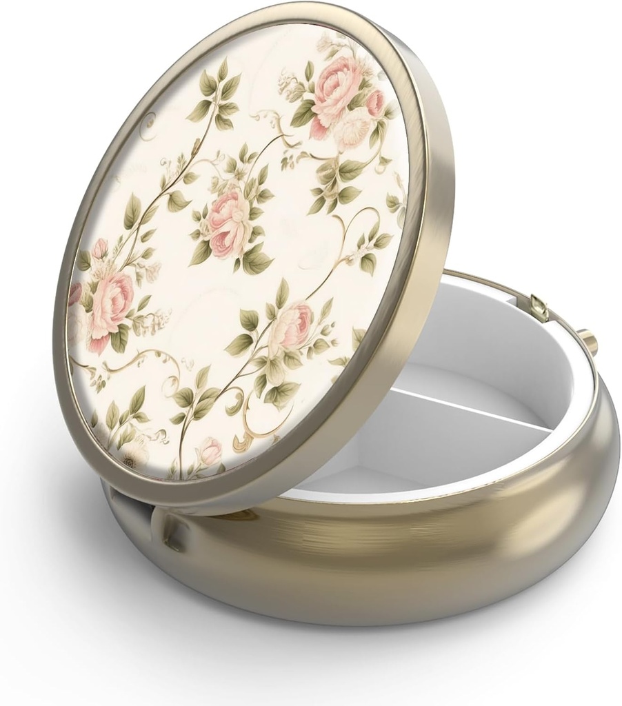 ミラーのレトロ3のコンパートメントの小さい丸薬箱またはポケット青銅の青銅の小さい敷物箱かビタミン、魚油、補足、丸薬は旅行ギフト(植物の花)を含んでいます