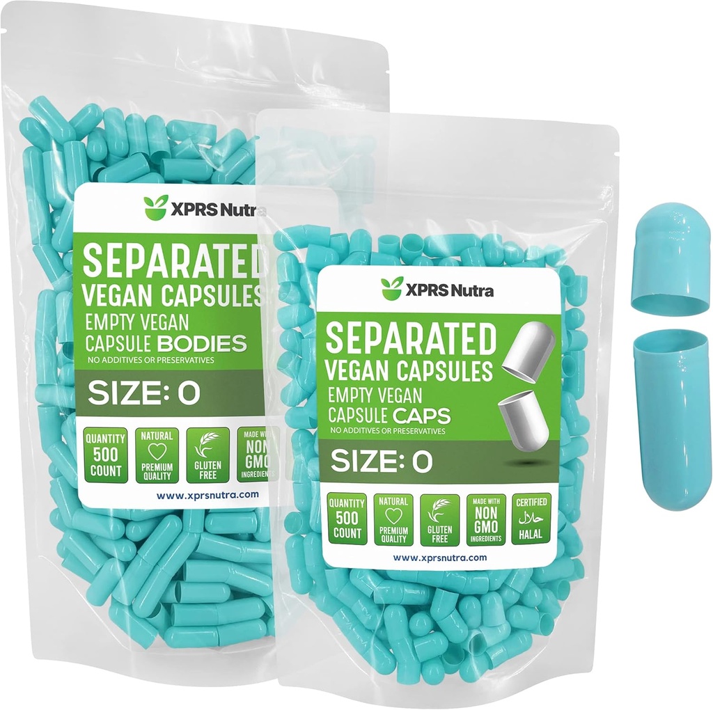 XPRS Nutraビーガンサイズ 0 分別カプセル - 500 カウントプレミアム空のカプセルは、バッグで分離 - ピルス 0 DIYのサプリメントの充填のための空 (アクア)