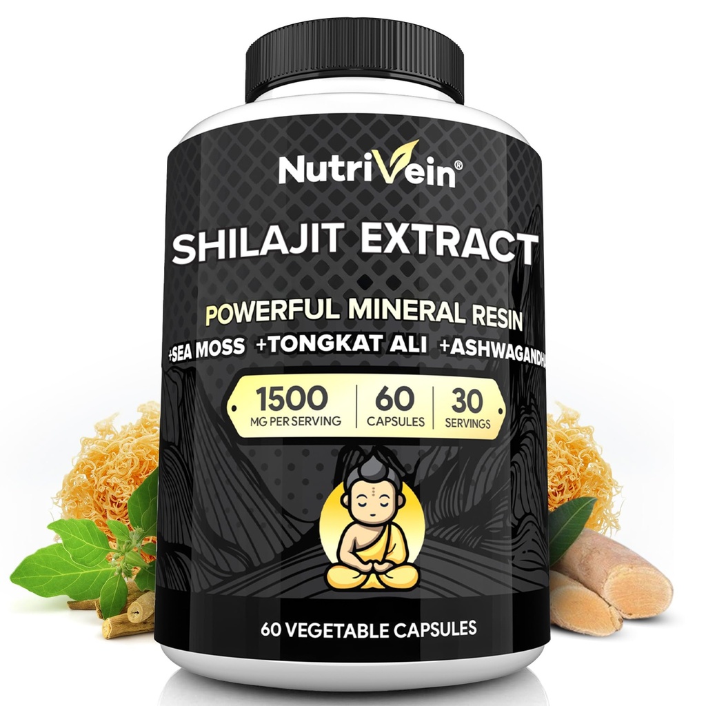 男性と女性のためのNutriveinの優れた純粋なヒマラヤシラジット - 1500 mg - 60カプセル - アイルランド海苔、トンカットアリ、およびアシュワガンダとブレンドされた強力な樹脂抽出物 - 死亡率、明度、および性能