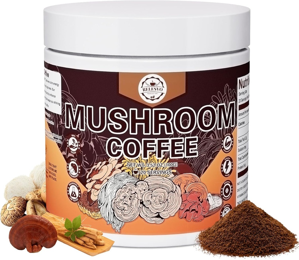きのこのコーヒー、即刻のきのこのコーヒーきのこの粉のブレンド(20のサービング)Cordyceps、Reishi、ライオンのマネ、シイタケ、王のトランペット、エネルギーのためのきのこの補足、焦点、免疫サポート