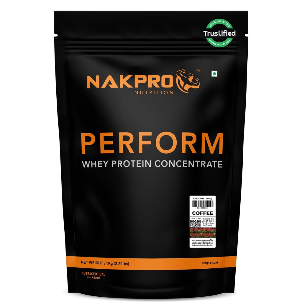 NAKPRO NUTRITION Perform Whey Protein Concentrate | 1kg Coffee | 24g Protein, Trustified Certified