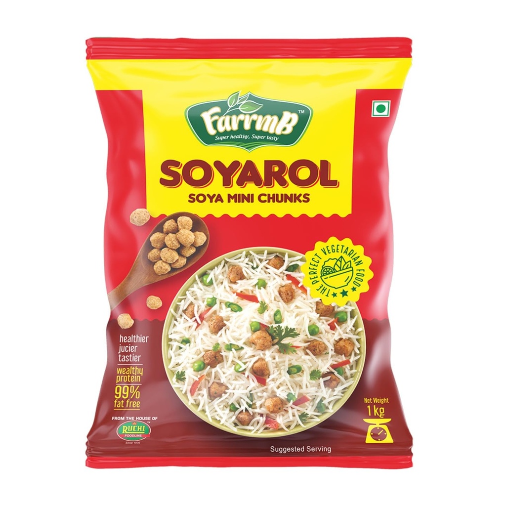 FarrmB Soyarol Soya Mini Chunks 1kg | 100% Vegan Plant-Based Protein | 99% Fat-Free Meal Maker | Defatted Soya Wadi/Badi